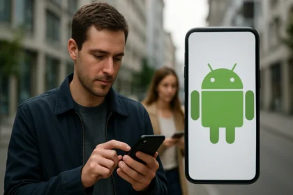 Férfi Android alkalmazást használ egy városi környezetben.