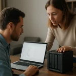 Két ember együtt dolgozik egy NAS tárolón egy laptop mellett.