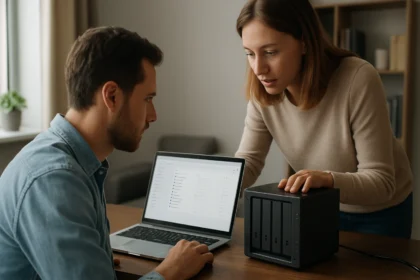 Két ember együtt dolgozik egy NAS tárolón egy laptop mellett.