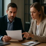 Két üzletember üzleti dokumentumot tárgyal a munkahelyen.