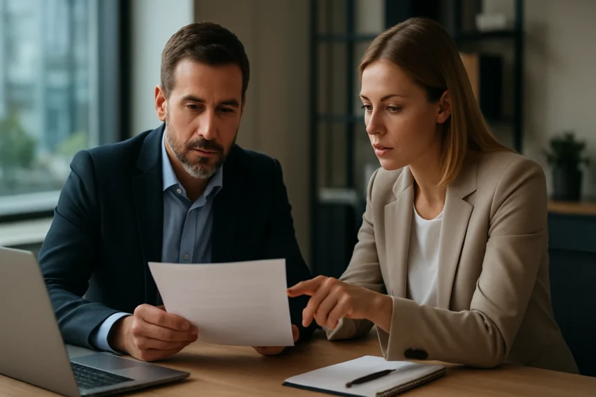 Két üzletember üzleti dokumentumot tárgyal a munkahelyen.