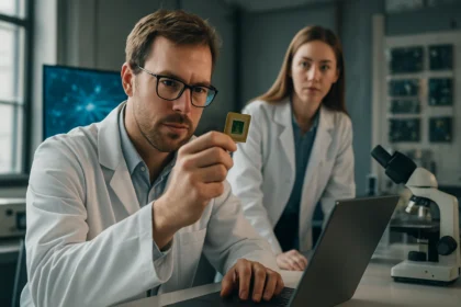 Két tudós, akik a mélytechnológia innovációs területén dolgoznak laboratóriumban.