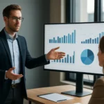 Férfi előadás adatokról analitikai grafikonok mellett.