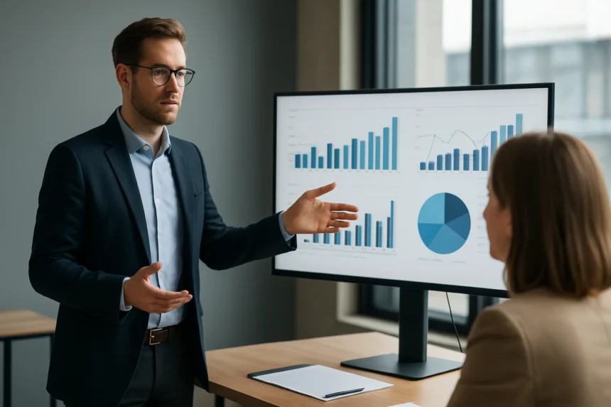 Férfi előadás adatokról analitikai grafikonok mellett.