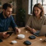 Két ember az eszközháló IOT megoldásain dolgozik egy asztalnál.