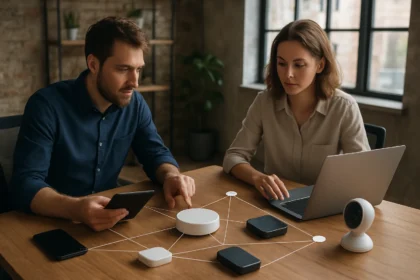 Két ember az eszközháló IOT megoldásain dolgozik egy asztalnál.