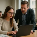 Egy hallgató és egy oktató közösen dolgozik számítógépen egy tanteremben.