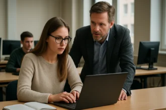 Egy hallgató és egy oktató közösen dolgozik számítógépen egy tanteremben.