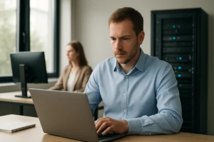 Férfi számítógépen dolgozik adatok távoli replikálása közben.