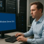 Windows Server 2016 felhasználó a szervertermében, tapasztalt IT szakember