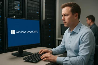Windows Server 2016 felhasználó a szervertermében, tapasztalt IT szakember