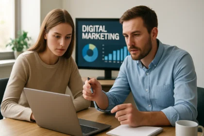 Két szakember digitális marketing stratégiát tervez a laptop előtt.