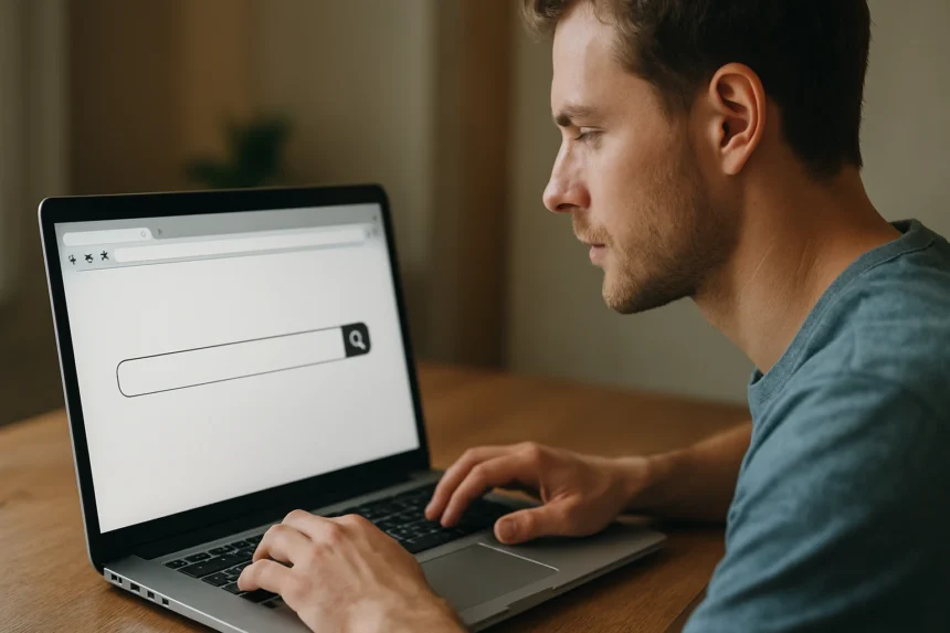 Férfi a laptopon az URL sávban keresést végez