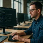 Fejlesztő CI/CD pipeline kód írása számítógépen.