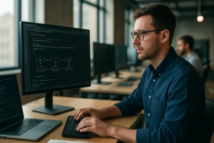 Fejlesztő CI/CD pipeline kód írása számítógépen.