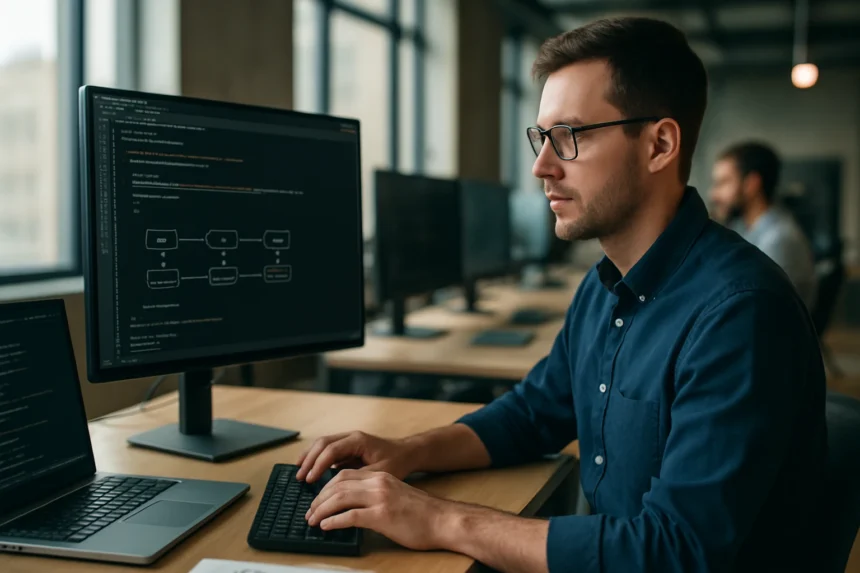 Fejlesztő CI/CD pipeline kód írása számítógépen.