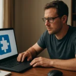 Férfi a számítógépén, ActiveX bővítmények és vezérlők rajzával.