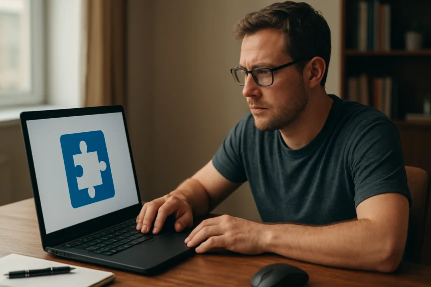 Férfi a számítógépén, ActiveX bővítmények és vezérlők rajzával.