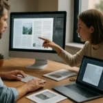 Két tervező dolgozik kiadványszerkesztési projekten számítógépeken.