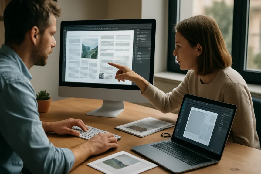 Két tervező dolgozik kiadványszerkesztési projekten számítógépeken.