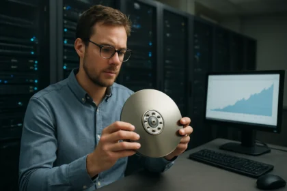 Férfi adatközpontban, zettabyte tárolóeszközt vizsgál