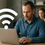 Férfi laptopon dolgozik WPA3 Wi-Fi ikon mellett