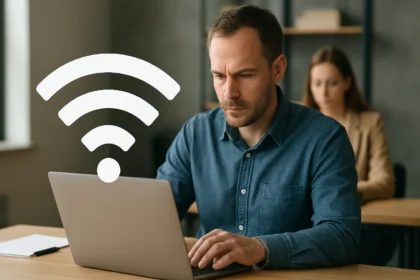 Férfi laptopon dolgozik WPA3 Wi-Fi ikon mellett