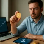 Férfi arany kriptovalutával a számítógép előtt, pénzügyi trendeket nézve.
