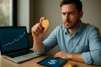 Férfi arany kriptovalutával a számítógép előtt, pénzügyi trendeket nézve.