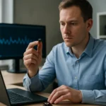 Férfi passzív érzékelőt vizsgál egy laptop előtt, technológia.