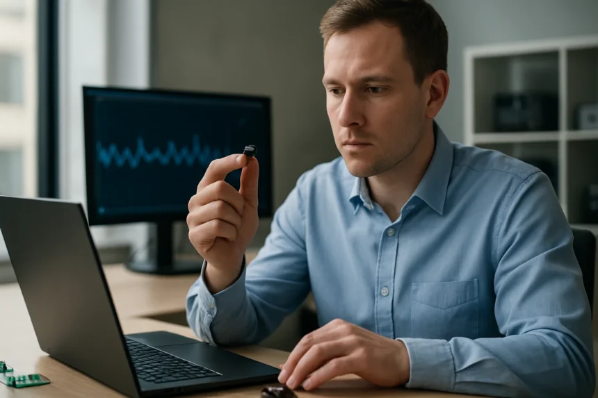 Férfi passzív érzékelőt vizsgál egy laptop előtt, technológia.