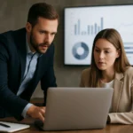 Két marketing szakember adataktiválási stratégiákat elemez egy laptop előtt.