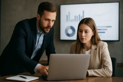 Két marketing szakember adataktiválási stratégiákat elemez egy laptop előtt.