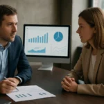 Hivatalos tárgyalás két üzletember között az ERP stratégiáról.