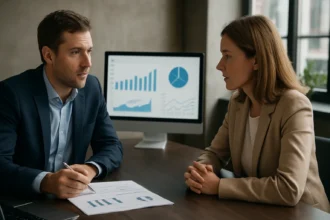 Hivatalos tárgyalás két üzletember között az ERP stratégiáról.