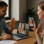 Két személy valós idejű videóhívást folytat laptopon és telefonon.