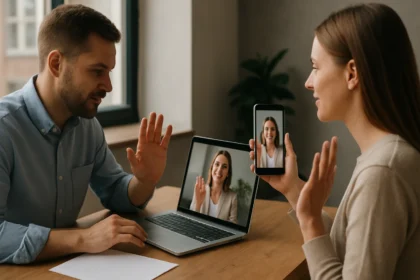 Két személy valós idejű videóhívást folytat laptopon és telefonon.