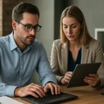 Két szakember adatkezelésről beszélget egy irodában.