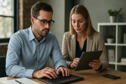 Két szakember adatkezelésről beszélget egy irodában.