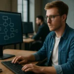 Programozó nő rendszertervezési diagramot készít számítógépen