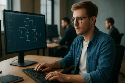 Programozó nő rendszertervezési diagramot készít számítógépen