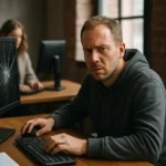 Férfi a számítógép előtt, törött képernyővel, informatikai munka