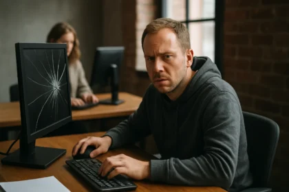 Férfi a számítógép előtt, törött képernyővel, informatikai munka