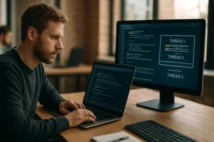 Programozó a szálak kezelésén dolgozik két monitor előtt.