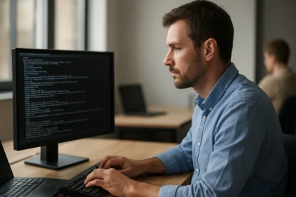 Férfi JCL programozást végez a számítógépen