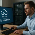 Férfi IT szakember a Veeam Backup és Replication szoftverrel dolgozik.