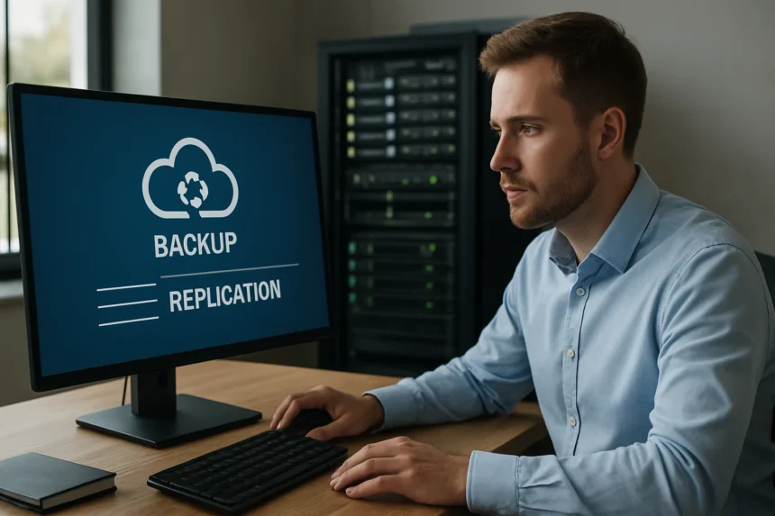 Férfi IT szakember a Veeam Backup és Replication szoftverrel dolgozik.