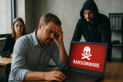 Férfi aggódik a ransomware támadás miatt, miközben két ember figyeli.