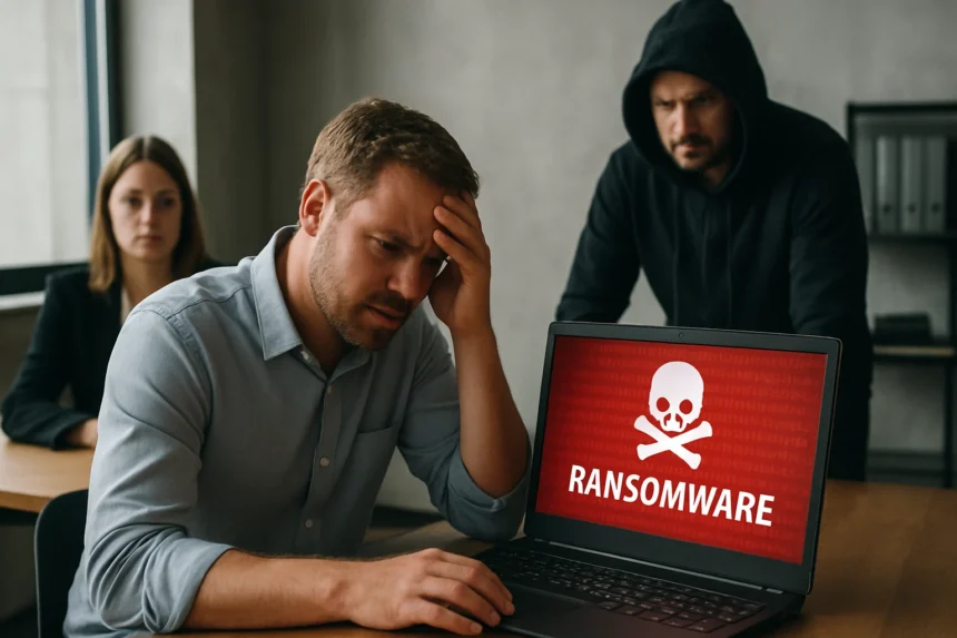Férfi aggódik a ransomware támadás miatt, miközben két ember figyeli.