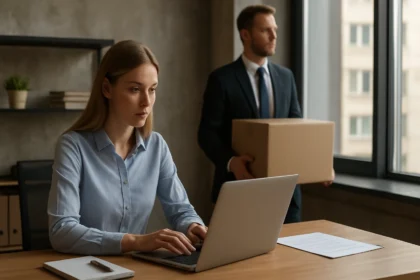 Nő dolgozik laptopján, férfi háttérben dobozt hoz be az irodába.